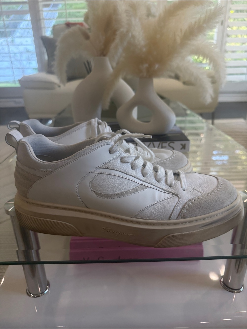 Salvatore Ferragamo White and Beige Leather Low-Top Sneakers